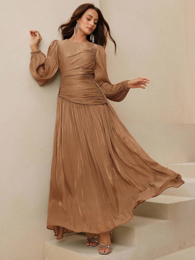 Women's Long Dress, Round Neck, Waist Ruched, Puff Sleeve, Long Sleeve, Olive Green, Glossy, Elegant & Versatile Dress