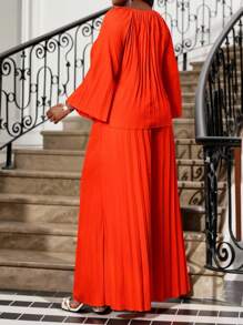 Fleurora Spring And Summer Casual Elegant Boho Gold Satin Fabric Puff Sleeves Waist Elastic Hem Pleated Asymmetrical Hem Heavy Duty Wedding Party Dress Plus Size Dress Vacation Outfits Woman Beach Outfits For Woman Beach Vacation Beach Dress Wedding Guest Dress Women Business Casual Woman Prom Dress Easter Dress Women Graduation Dress Business Casual Woman - Orange - View 2