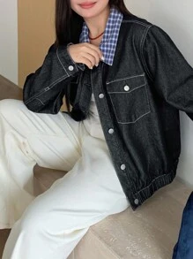 Dazy Plus Dark Washed Blue Contrast Plaid Collar Loose Pocket Denim Jacket, Spring/Autumn - Dark Wash - View 4