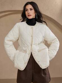 DAZY Loose Straight Patchwork Ribbon Long Sleeve Thermal Lined Thick Winter Jacket For Women Winter Jacket Women Coats - White - View 5