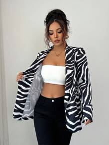 Elenzga Elegante y elegante blazer de manga larga con estampado de cebra para mujer - Negro - Ver 7