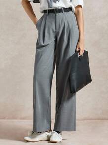 Briarwyn Women's Casual Solid Color Pleated Straight Leg Pants - Grey - View 1