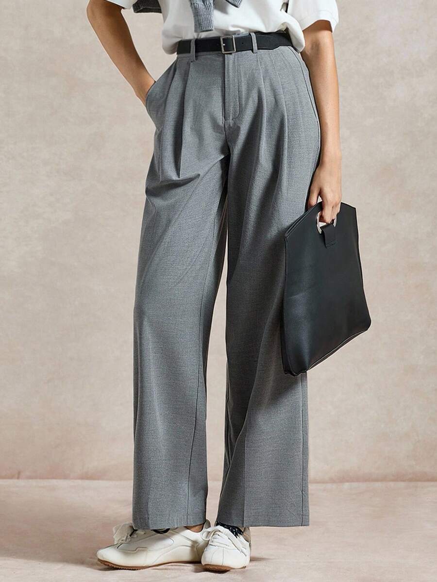 Briarwyn Women's Casual Solid Color Pleated Straight Leg Pants - Grey - View 1