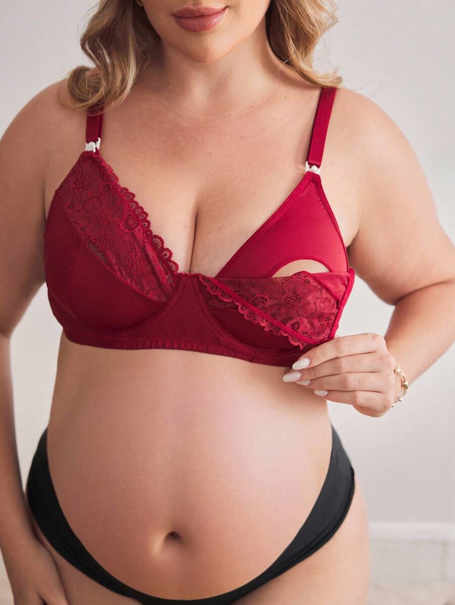 Moonlight&Mama Clip Closure Nursing Bra With Underwire, Lace Splice, Convenient For Breastfeeding, Plus Size Maternity Bra, Lift - Burgundy - View 1