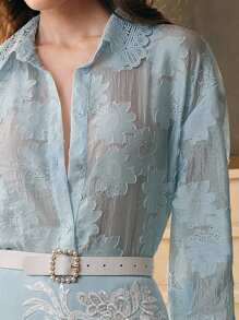 Anewsta Áo cánh tay dài hở vai, cổ khoét sâu, đính ren pha lê Jacquard có họa tiết - Màu xanh lam - Xem 5