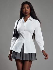 NYA SZN 上衣长袖纽扣领日常休闲商务休闲职业装办公室西服婚礼宾客棉质春夏女士上衣 - 白色 - 查看 6