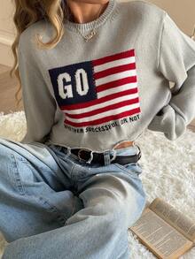 SHEIN Teen Girls' Casual Loose Fit Drop Shoulder Letter Graphic Pullover Sweater, Grey, Early Autumn/Winter - Grey - View 5