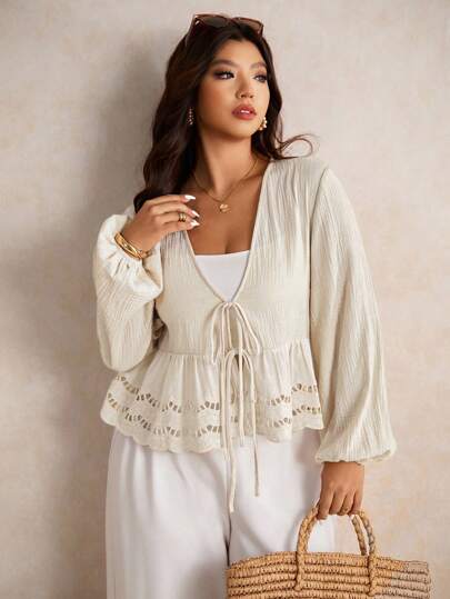 Elaquor 大码优雅花卉蕾丝拼布长袖休闲衬衫，百搭百搭，杏色