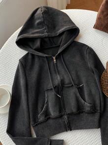 Comfortcana 秋冬女士纯色长袖拉链前口袋抽绳连帽休闲运动衫 - 黑色 - 查看 1