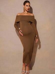 MaterniChic 孕妇纯色露肩长袖修身针织连衣裙 - 棕色 - 查看 8