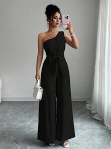 Elenzga Elegant Commuter Solid Color Jumpsuit - Black - View 6