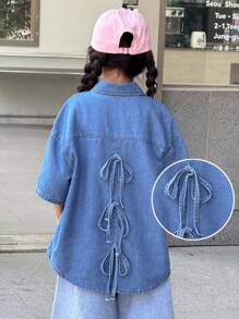 SHEIN Koszula dla nastolatek w stylu casual Y2k w stylu vintage, luźna, z odpinanym rozcięciem z tyłu, kokardą i niebieskimi klapami z jeansu, miękka, codzienna, na lato i jesień, na festiwal Rave i na plażę, luźna, dżinsowa, luźna koszula na jesień i zimę, powrót do szkoły, powrót do domu - Niebieski - Zobacz 1
