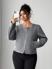 Elenzga Jaqueta de Frente Aberta com Bolsos em Mistura de Lã para Mulheres Plus Size, Estilosa e Elegante para Passeios e Deslocamentos