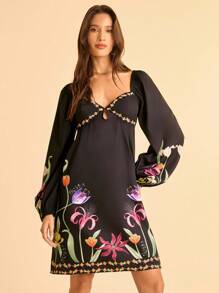 CAJUNI Vestido corto de estilo bohemio para vacaciones, casual, de playa, con estampado de plantas y flores y mangas farol - Multicolor - Ver 3