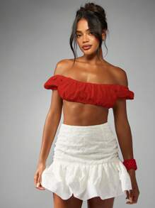 MISSGUIDED Off Shoulder Broderie Anglaise Crop Top Puff Sleeve Summer Boho Festival Beach Ruffle Floral Eyelet Feminine Vacation Holiday Christmas - Red - View 4