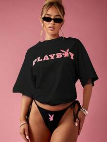 Missguided x Playboy 超大图案印花棉质 T 恤，侧开衩，兔子标志设计，个性 T 恤，休闲街头服饰，夏季春季时尚 - 黑色 - 查看 6