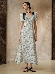 EMERY ROSE Rochie elegantă de damă, cu decolteu în V, model floral, cu nod și mânecă scurtă, în talie, potrivită pentru școală, vacanță, întâlniri, primăvară/toamnă - Alb-negru - Vizualizare 2