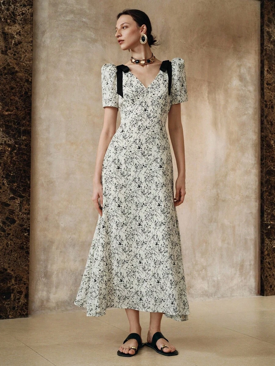 EMERY ROSE Rochie elegantă de damă, cu decolteu în V, model floral, cu nod și mânecă scurtă, în talie, potrivită pentru școală, vacanță, întâlniri, primăvară/toamnă