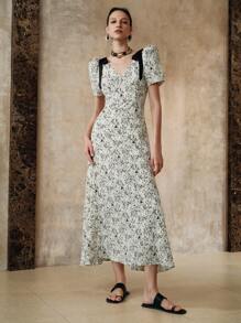 EMERY ROSE Rochie elegantă de damă, cu decolteu în V, model floral, cu nod și mânecă scurtă, în talie, potrivită pentru școală, vacanță, întâlniri, primăvară/toamnă - Alb-negru - Vizualizare 7