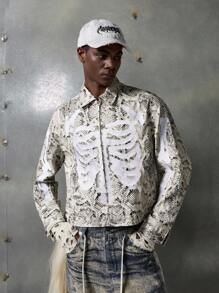 NEON BLANC Men's Long Sleeve Halloween Snake Skeleton Print Zip-Up Casual Jacket, Fall, Winter - Beige - View 2