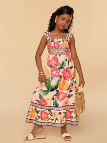 SHEIN 少女花卉印花优雅无袖连衣裙，夏日假期