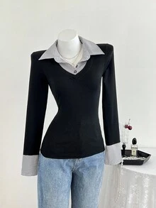 Elamini 女士休闲合身针织条纹衬衫 - 黑色 - 查看 4