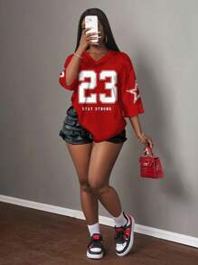 Slaydiva Plus Size Minimalist Number Print V-Neck T-Shirt, Casual Sporty Style, Suitable For Summer - Red - View 7