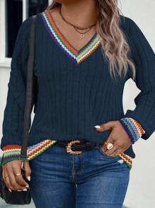 EMERY ROSE Women's V-Neck Patchwork Vintage Print Long Sleeve Plus Size Sweatshirt, Autumn/Winter Fall Cloth For Women