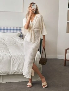 Louniche Women's Solid Color Long Sleeve V-Neck Tie Front Split Casual Dress Maxi Women Outfit