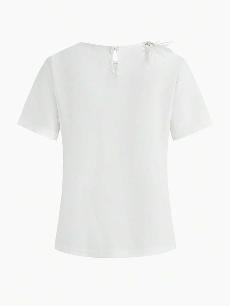 FAUX FEATHER & PEARL BOXY T-SHIRT