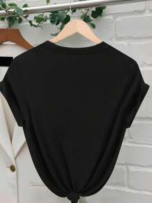 SHEIN Áo thun cổ tròn tay ngắn in họa tiết quả anh đào cỡ lớn dành cho nữ, mùa hè - màu đen - Xem 2