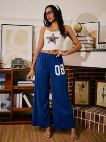 Miss Vinta 豹纹、五角星和数字图案复古休闲撞色吊带背心女士睡衣套装 - 彩色 - 查看 3