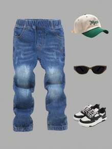 男童百搭修身锥形水洗刺绣牛仔裤，休闲日常百搭牛仔裤，秋冬 - 深色水洗藍 - 查看 3