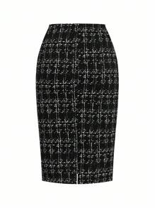 Ellevyn 2 件女士优雅黑色商务/通勤法式格子衬衫和裙子套装黑白格子教师装，老钱风格秋季女装套装，黑色正装，适合外出 - 黑色 - 查看 8