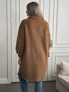 EMERY ROSE Áo khoác nữ Túi Nút phía trước màu trơn Giải trí - Lạc đà - Xem 2