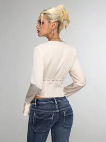 Flirla Women's Elegant Solid Color Lace Trim Tie Front Flare Sleeve Blouse Fall Cloth For Women - White - View 2