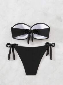 SHEIN Swim 夏季沙灘游泳用色塊褶皺無肩帶比基尼套裝 - 黑色 - 查看 2