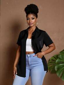 Maweii 大码女式夏季纯色短袖单排扣休闲衬衫 - 黑色 - 查看 3