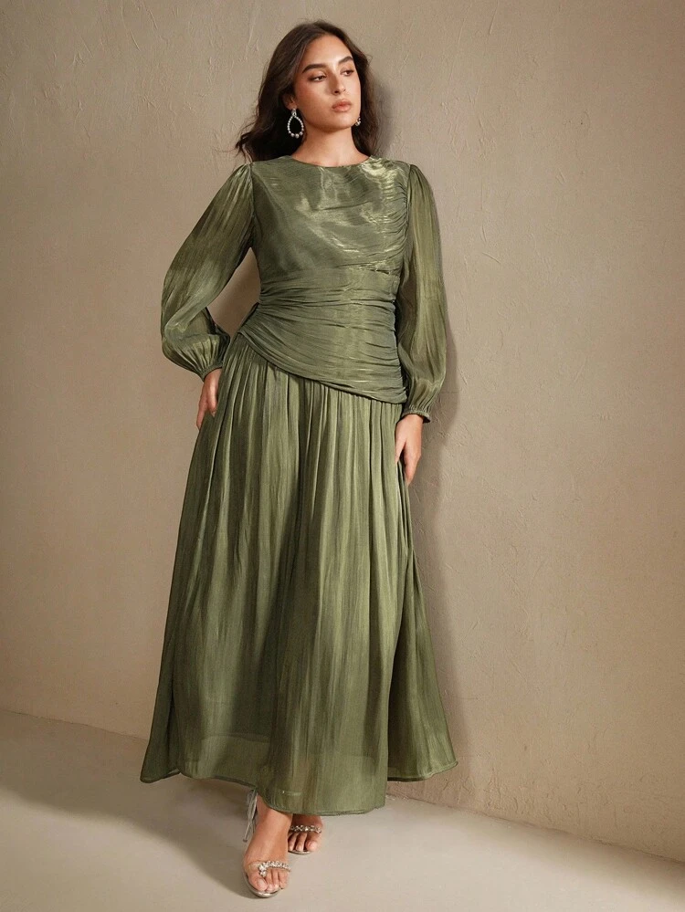 Robe longue brillante vert olive grande taille pour femmes, col rond, taille froncée, manches bouffantes, élégante et polyvalente