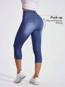 Flexra Jeans de mezclilla de punto con cintura alta elástica, dobladillo dividido y lavado casual para mujer - Azul lavado medio - Ver 2