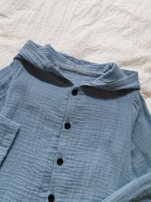 SHEIN Vintaside Kids 幼儿男童可爱舒适休闲时尚褶皱纱布浅蓝色连帽长袖开衫上衣和裤子套装 - 霧霾藍 - 查看 5