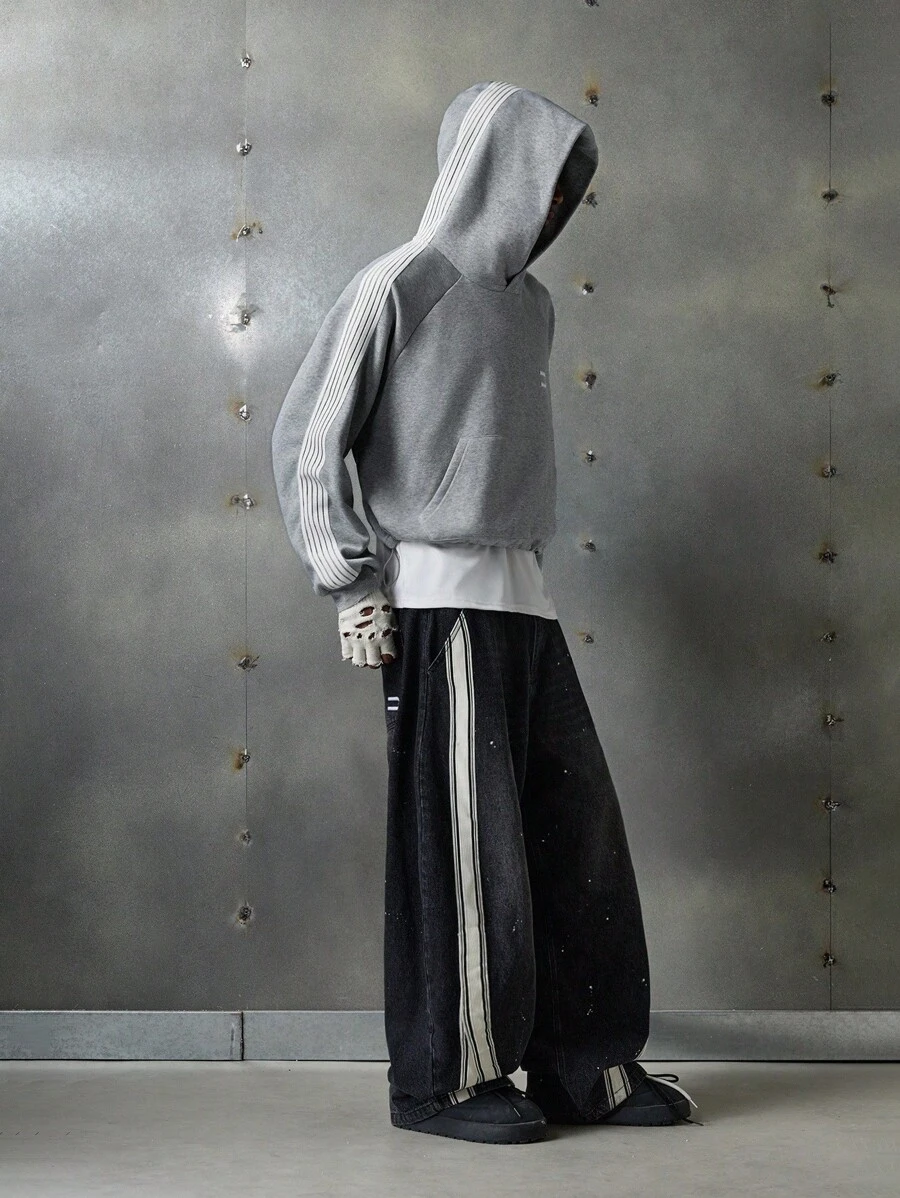 NEON BLANC 男士连帽长袖丝带拼布印花连帽衫，适合秋冬 - 灰色 - 查看 1