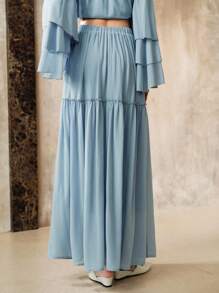 EMERY ROSE 女式四向弹力面料 A 字褶边嬉皮风格波西米亚风格优雅约会长裙秋季女装度假装女士波西米亚风女装休闲装春季 - 藍色 - 查看 3