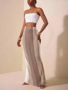 Zivah 2025新款夏季休闲度假日常约会沙滩装欧美街头风辣妹性感抹胸露脐修身针织白背心+长款半身包臀裙橘色卡其色酒红色白条纹毛呢长裙女士毛衣两件套秋冬狂欢装节日 - 彩色 - 查看 5