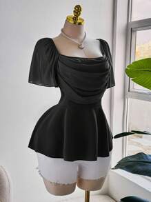 Sweetra Áo sơ mi voan tay bèo nhún lãng mạn thanh lịch cỡ lớn dành cho nữ, cổ nhún bèo, viền eo nhún bèo - màu đen - Xem 2