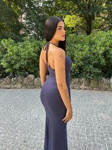 Lucia Bellido 1pc Women Solid Color Mermaid Hem Long Elegant Halter Neck Dress Maxi Women Outfit - Royal Blue - View 6