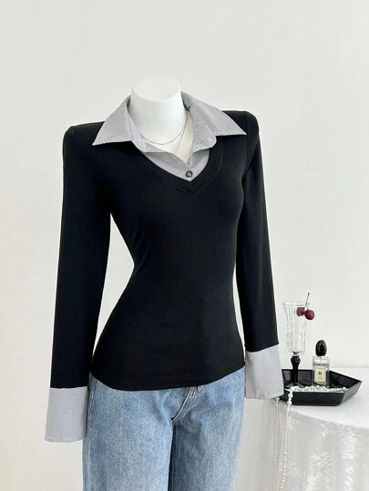 Elamini 女士休闲合身针织条纹衬衫