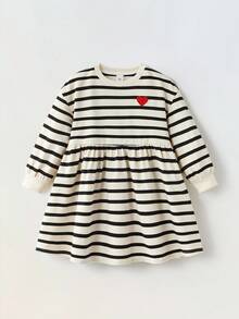 Maija Kids Maija Kids Young Girl Round Neck Striped Fabric Dress Girl Striped Dress Toddler Girl Striped Dress Kids Striped Dress Black And White Striped Dress Girls Black And Cream Dress Fall Winter - Black and White - View 2