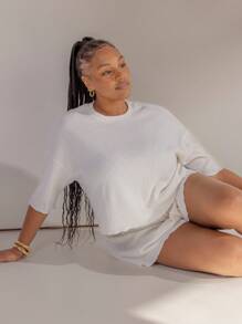 Aralina Curve Sleepwear Fall Winter Brushed Waffle T-Shirt And Short Two Pieces Loungewear Set - Apricot - View 7