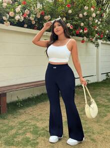 SHEIN EZwear Plus Size Women Navy Blue Slim Fit Flare Pants Navy Blue Flare Pants Flare Pants For Women Plus Size Flare Pants Bell Bottom Pants,Autumn/Winter,Fall Clothes For Women